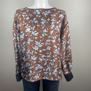 TORY BURCH Size XS Floral print Long Sleeve Silk Blouse In Orange Brown Luxury
